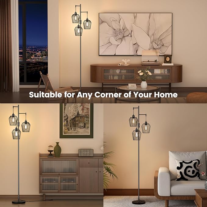 SIBRILLE Dimmable Floor Lamp, Farmhouse Industrial Floor Lamp with Elegant Cage & 3 x 1000LM LED Bulbs, Tall Standing Lamp Black Tree Floor Lamps for Living Room Bedroom Office