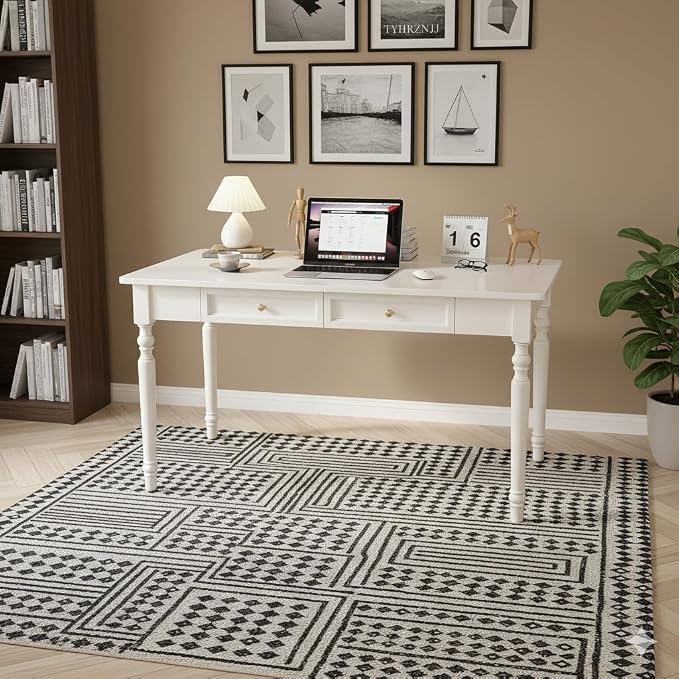 French Country Style White Writing Desks with Drawers, 47" Solid Wood Farmhouse Computer Table for Home Office, Living Room Study or Workspace (White)