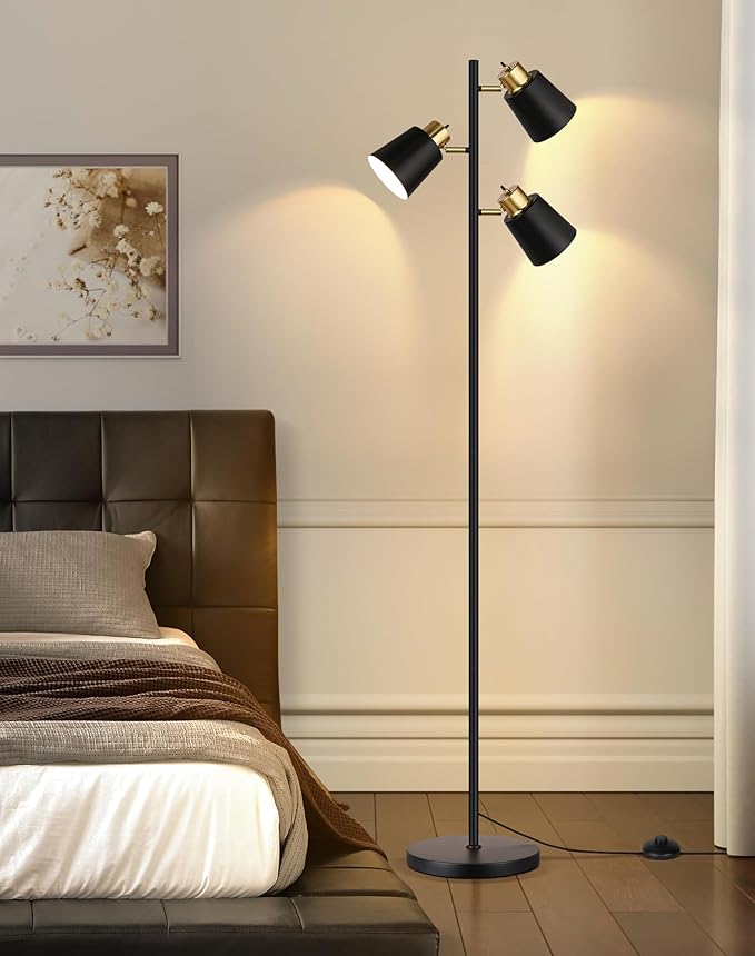 QiMH Tree Floor Lamps for Living Room, 67" Modern Standing Floor Lamp with 3 LED Bulb, Industrial Tall Lamp Reading Lighting for Bedroom Study Office Decor, 3 Rotatable Light Heads, Black Gold