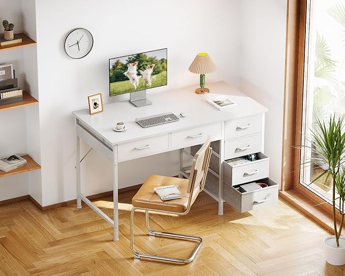 ODK Computer Desk with 6 Drawers, 40 Inch Small Desk with Storage, Reversible Desk for Home Office, Work Study Table for Bedroom, White