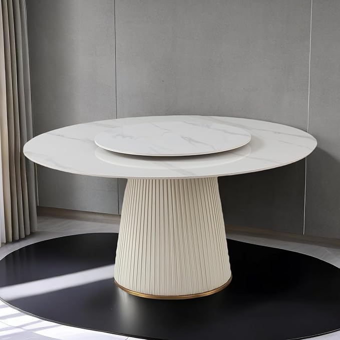 Leavader 59'' Round Marble Dining Table with Removable Lazy Susan, Sintered Stone Round Tabletop and Leather Wrapped Wooden Base, Faux Marble Kitchen Dinner Table for Dining Room/Living Room