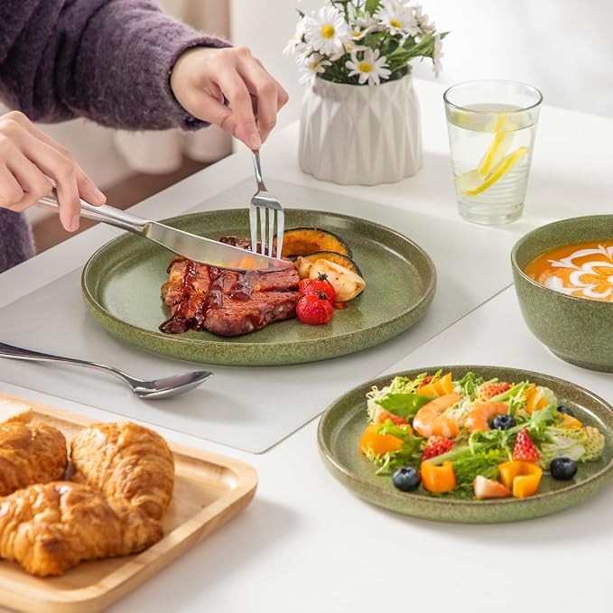 vancasso Plates and Bowls Sets, 18 Pieces Stoneware Dinnerware Set for 6, Ceramic Dish Set for Kitchen, Microwave and Dishwasher Safe, Mossy Green, Series ZERMATT