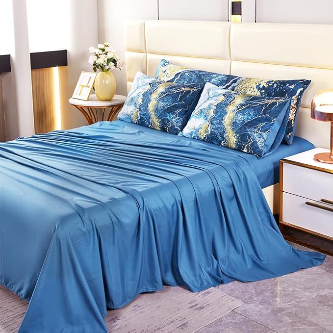PERFEMET 6 Piece Blue Comforter Set Full Bed in A Bag Set Aesthetic Capri Blue and Gold Marble Bedding Set with Sheets Soft Luxury Watercolor Burning Mountain Printed Bedroom Sets(Capri Blue, Full)