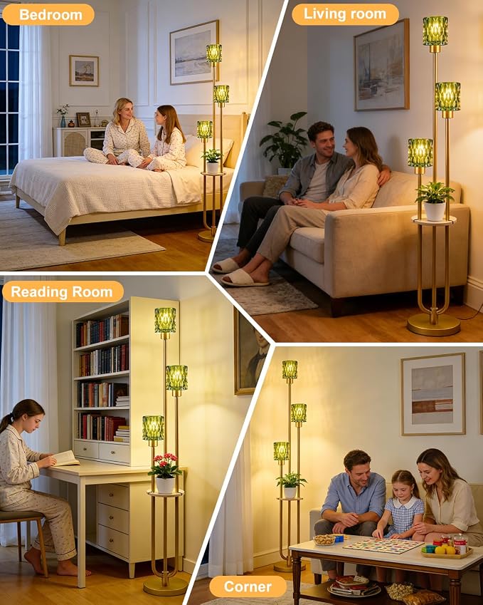 62IN Gold Floor Lamp with Green Glass Shade 3-Lights Mid-Century Modern Farmhouse Floor Lamps with 3000K Warm White Bulbs, Tall Standing Lamp 5Lbs Heavy Base for Living Room/Bedroom/Corner