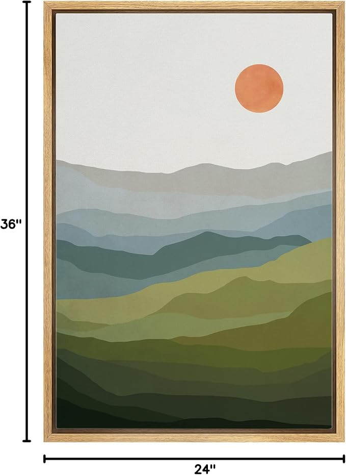 Woodrose Framed Canvas Print Wall Art Green, Blue & Gray Mountain Landscape Abstract Shapes Illustrations Modern Art Minimalist 3D Colorful Ultra for Living Room, Bedroom, Office - 24"x36" NATURAL