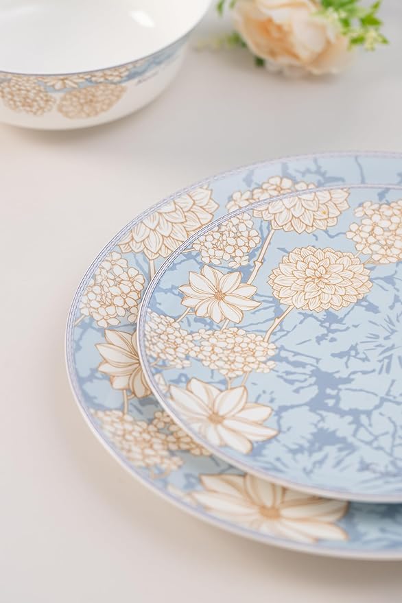 High Bone China Dinnerware Set, 12-Piece Artistic Blue Plates and Bowls, Lightweight & Chip Resistant Ceramic Service for 4, Dishwasher Safe Elegant Kitchen Dining