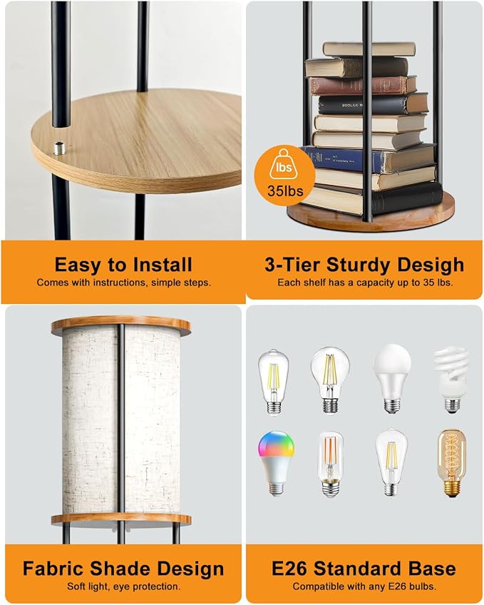 Lightdot 61" RGB Floor Lamp with Shelves, 3-Tier Storage Smart Remote Control Standing Lamp with Fabric Shade, Bulb Included, Dimmable Floor Lamps for Living Room/Sofa Beside/Corner Decor (Black)