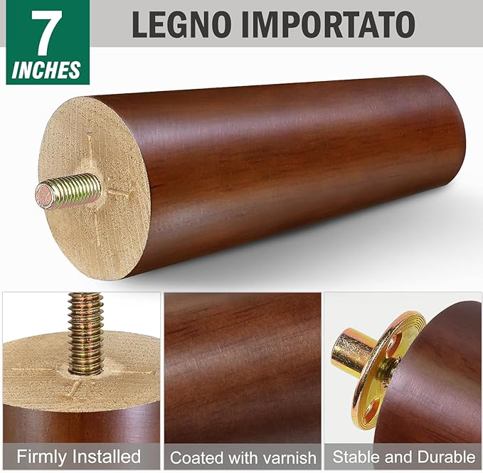 FoDau770 Brown Rubber Wood Furniture Legs 7 Inches, Straight Tapered Wood Feet Mid Century Sofa Legs Set of 4, 5/16" UNC Furniture Feet Replacement Parts for Cabinet Couch Dresser Chair Ottoman Table