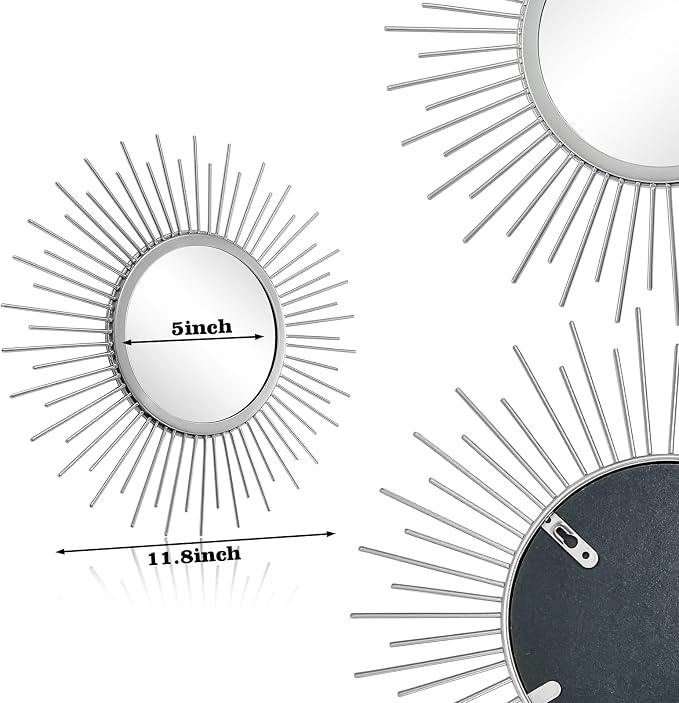 3 Set Sunburst Mirrors for Wall Decor Living Room Bedroom Bathroom Dining Room Metal Boho Sunburst Wall Mirror Set Gold Metal Vintage Circle Art Pack - Silver 11.8 in