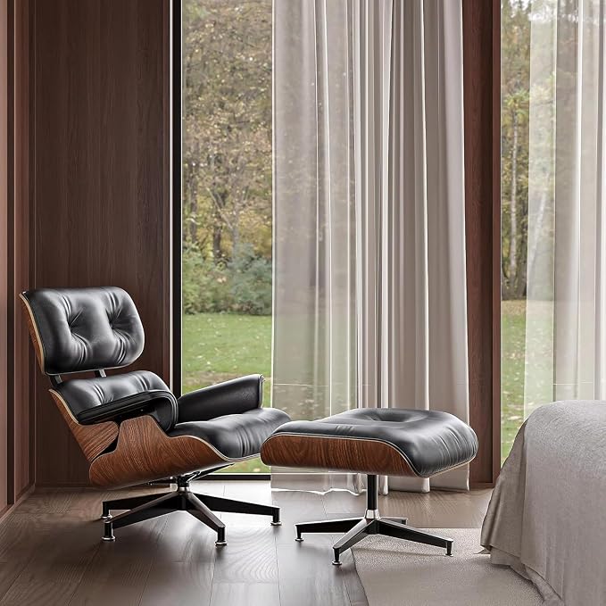 Top Black Grain Leather,Mid Century Chaise Lounge Chair and Ottoman, Reading Chair, Leather Accent Chair, Modern Chair, Classic Design, Heavy Duty Base Support for Living Room Lounge Office