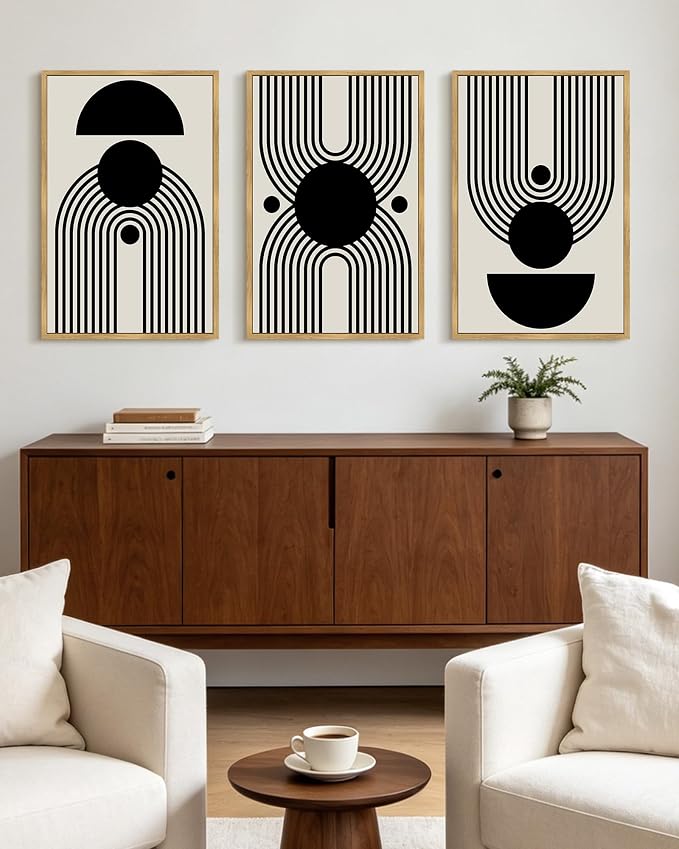 KUVIOKE Black Abstract Framed Wall Art Minimalist Geometry Lines Painting Artwork for Living Room Bedroom 16x24in (Natural Framed)
