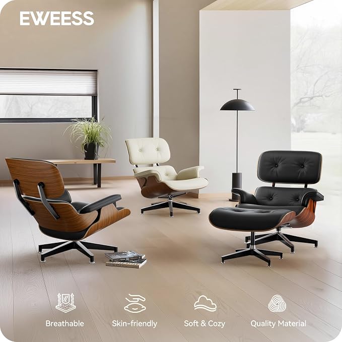 Top Black Grain Leather, Mid Century Chaise Lounge Chair and Ottoman, Modern Chair Classic Design, Palisander Wood, Heavy Duty Base Support for Living Room Office