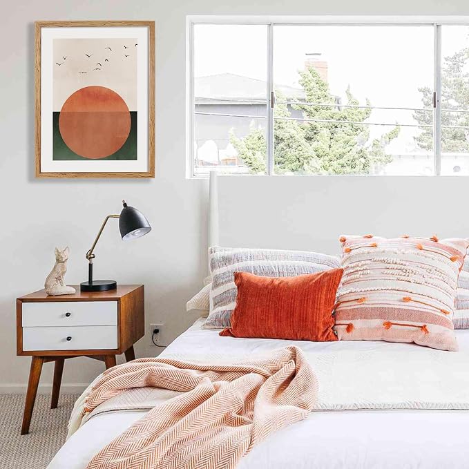 Framed Japanese Minimalist Sunset With Bird Wall Art Nature Geometric Abstract Poster Modern Mid Century Eclectic Canvas Prints for Living Room Gallery Home Decor 12x16 inch