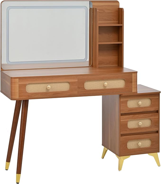 Boho Brown Vanity Desk with Mirror and Lights, Wooden Vanity Desk with Drawers & Shelves, 3 Lighting Modes Makeup Vanitys Tables for Bedroom, Dressing Room, Adjustable Brightness (Walnut)