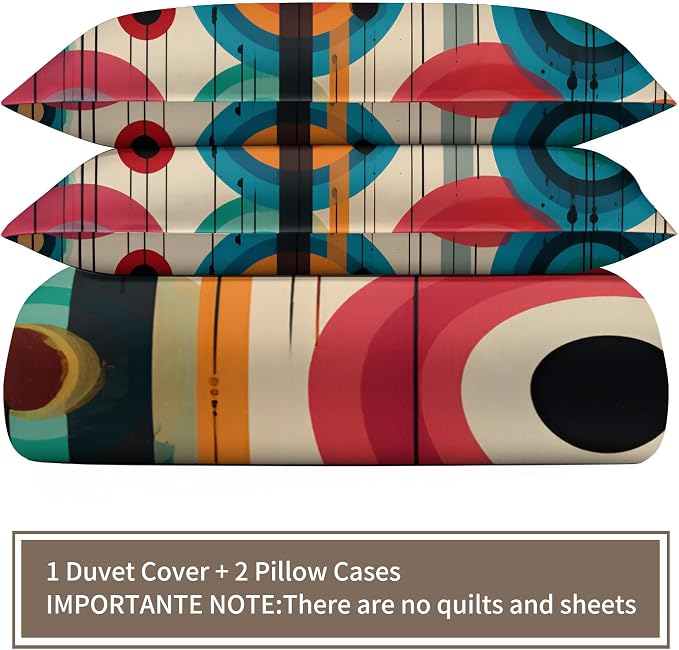 Bohemian Vintage Psychedelic Duvet Cover Oversized King, Mid Century Modern Bedding Set 3 Piece, Abstract Circle Geometric Patterned Comforter Cover with Zipper Soft Microfiber, 2 Pillowcases