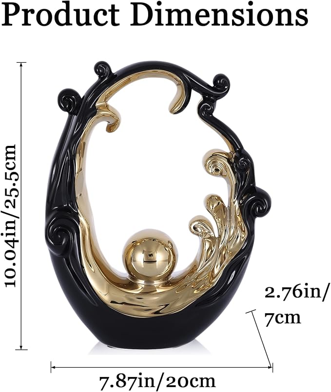 Abstract Ceramic Sculpture, Black and Gold Modern Tabletop Statue Wave-Inspired, for Home Decor, Decorative Accent for Shelf, Mantel, Coffee Table, Console or Entryway