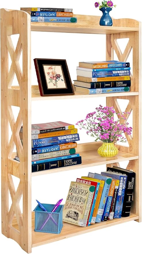Natural Bookcase by Natural Wood, 4 Tier Bookshelf, Small Book Shelves Freestanding Display Storage Shelves. Open Bookshelf for Bedroom, Living Room and Office (Natural, 4 Tier)