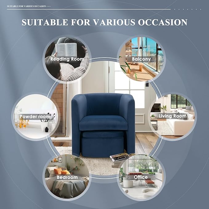 COLAMY Morden Velvet Living Room Side Chair with Storage Ottoman, Single Sofa Armchair with Lounge Seat, Upholstered Barrel Accent Chair for Bedroom/Office/Reading Spaces, Blue