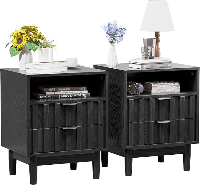 Fluted Nightstand Set of 2, 19" Wide Night Stand with Solid Wood Legs, Open Storage Shelf, Mid Century Modern Wooden Bedside Table for Bedroom, Bed End Side Table, Black