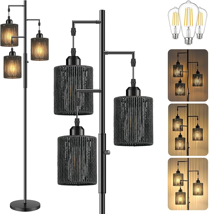 Hotsonic 72" Tall Boho Rattan Style Floor Lamp with Hand-Woven Paper Cord Shade, Dimmable Industrial Tree Standing Lamp for Living Room, Bedroom, Study Room, Office (3 x 800LM Bulbs Included) - Black