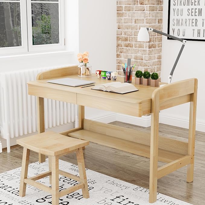 100% Solid Wood Desk with Drawers - 40 Inch Mid Century Modern Desk, Vintage Desks with Shelf, Adjustable Height Writing Computer Desks - Natural Oak