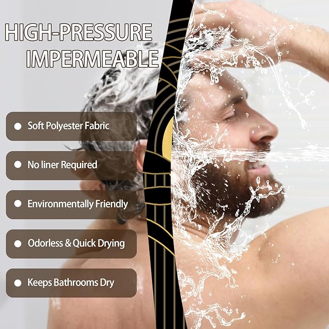 Boho Black and Gold Shower Curtain, Mid Century Modern Shower Curtains for Bathroom, Mens Bath Curtain Set, Waterproof Fabric with Hooks, 70" W x 84" L (Pack of 1)