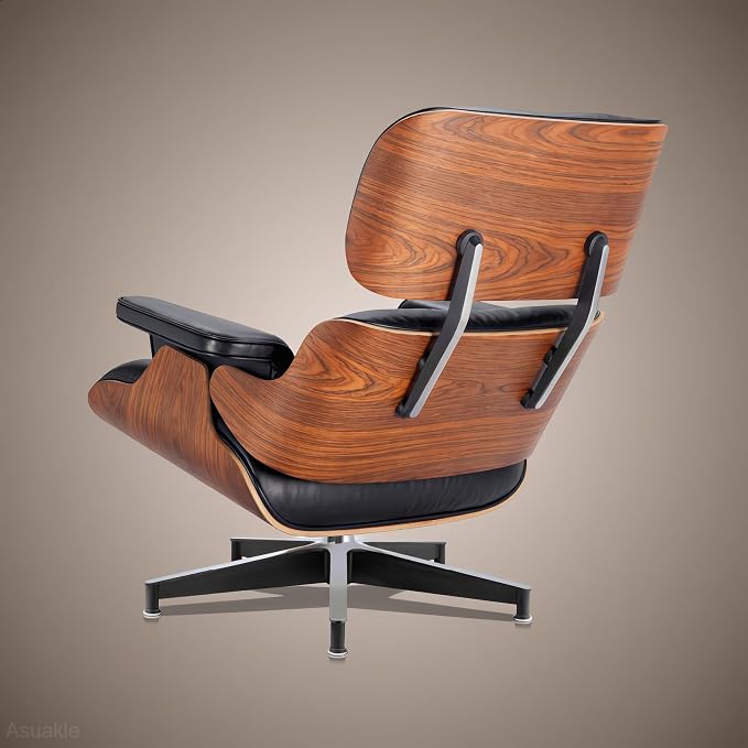Top Black Grain Leather, Mid Century Chaise Lounge Chair and Ottoman, Accent Chair, Modern Chair, Classic Design, Heavy Duty Base Support for Living Room Lounge Office, Palisander, Heightening