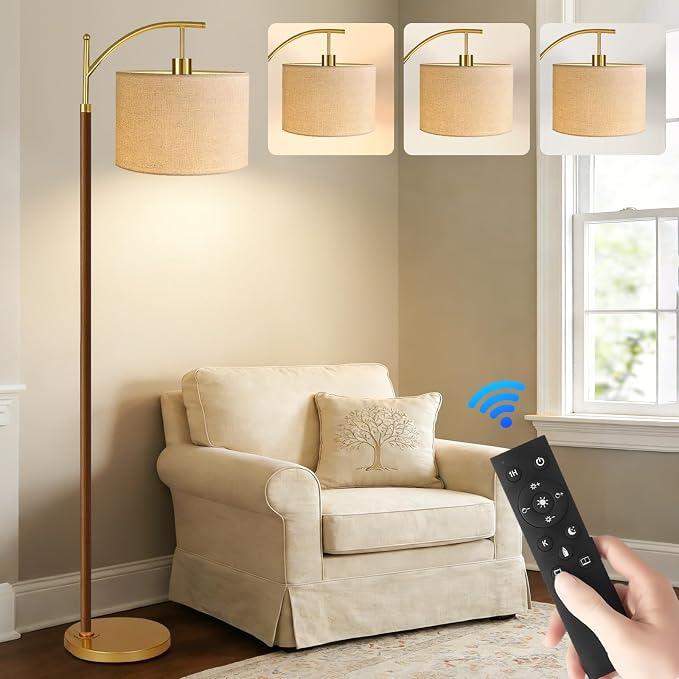 ILLMTW Wood Floor Lamp for Living Room,Bedroom,Vintage Mid Century Modern Standing Lamp with Remote Dimmable,Arc Boho Gold Tall Lamp Fabric Lamp Shade Floor Lights Bohemian Tiffany Style