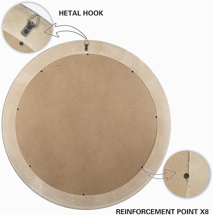 Reflinto 30 Inch Wood Framed Boho Round Mirror for Bathroom, Rustic Farmhouse Decorative Wall Mirrors for Over Sink, Living Room, Foyer, Entryway, Hallway