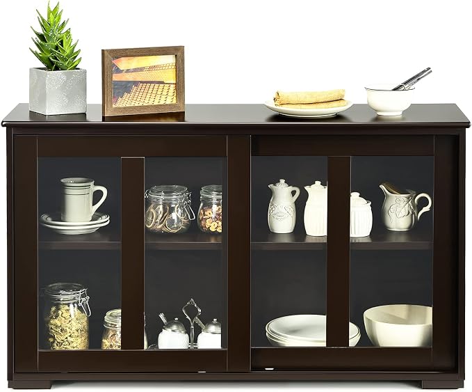 Byroce Sideboard Buffet Cabinet, Stackable Storage Coffee Bar Cabinet with Adjustable Shelf & Glass Sliding Doors, Wood Cupboard Credenza Console Table for Kitchen Dining Living Room (1, Coffee)