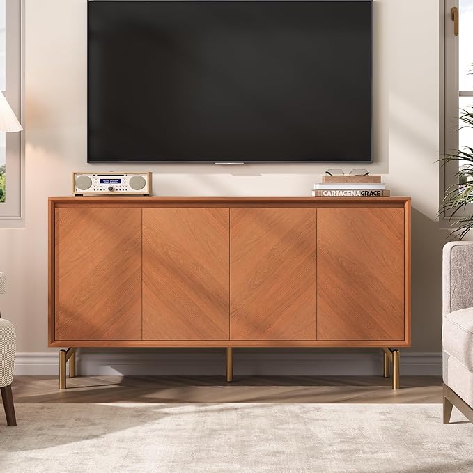 JOINICE Sideboard Cabinet with Storage, Mid-Century Modern Accent Cabinet | Chevron Pattern Credenza for living rooms, geometric door , gold-tone legs, dining room and entryway