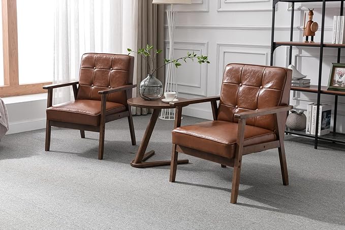 Okeysen Accent Chairs Set of 2 with Side Table, Mid Century Modern Accent Chair, Retro Wood and Leather Armchairs Side Chair, Lounge Reading Comfy Armchair for Living Room, Bedroom, Office(Brown