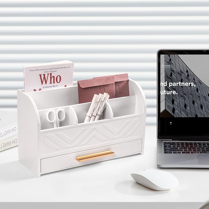 Charmewooden White Desktop Organizer with Drawer Storage, White Desk Organizer Mail Holder Mail Organizer Countertop Pen Holder Letter Sorter Make up Organizer for School Home Office Supplies