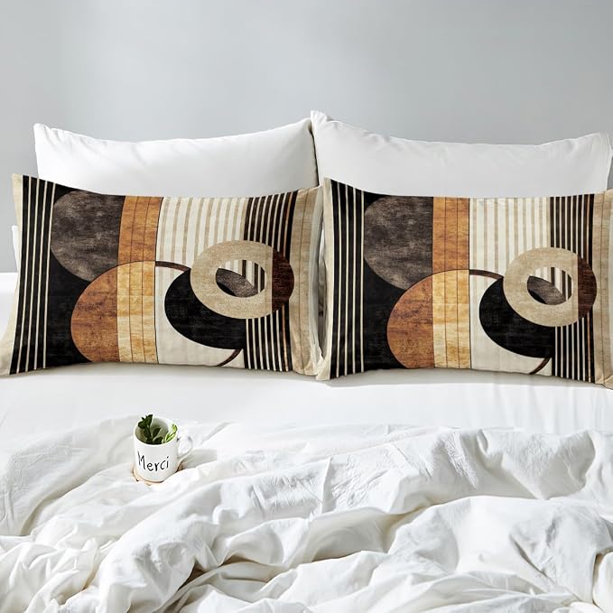Modern Geometric Duvet Cover Set Toddler Size,Retro Striped Circle Bedding Set,Boys Girls Room Decor,Abstract Aesthetic Stripes Lines Comforter Cover,Brown Black Quilt Cover,1 Pillowcase(No Filler)