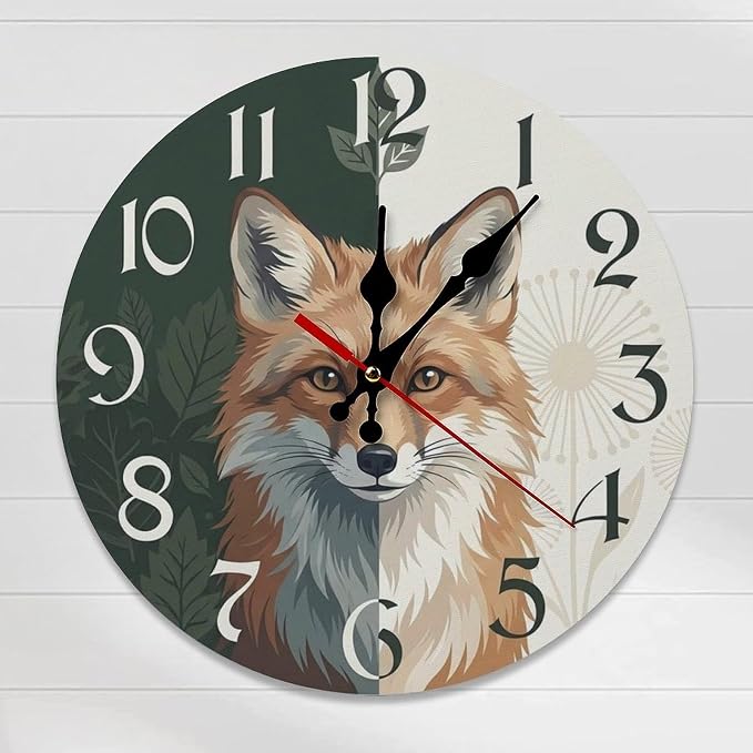 Woodland Fox Art Wooden Wall Clock Silent Non Ticking, Battery Operated Frameless Home Decor for Living Room Bedroom Kitchen Office, Cute Animal Gift 10 12 inch
