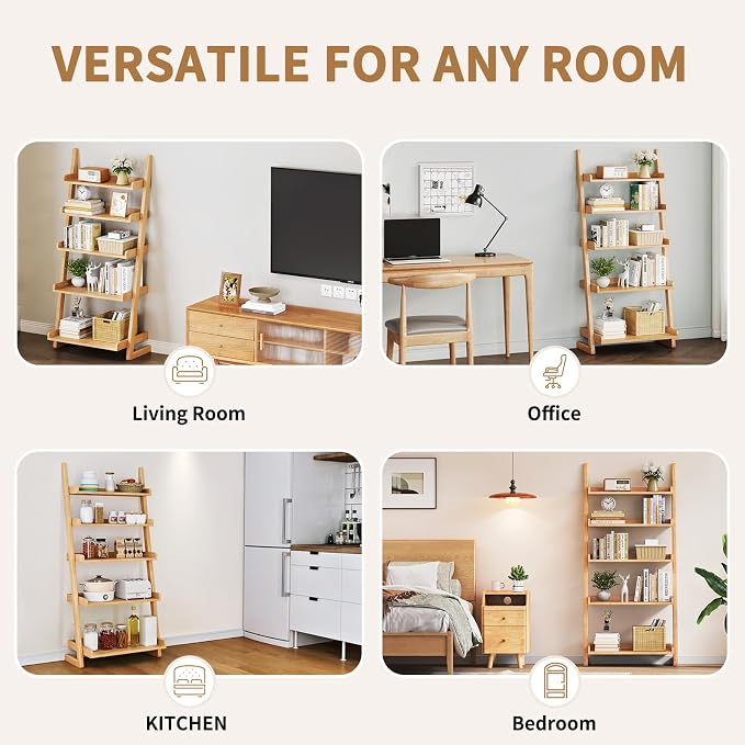 Uniclinens Natural Wooden Ladder Shelf, 5-Tier Leaning Bookshelf, Ladder Bookshelf for Compact Spaces, Leaning Bookcase for Living Room, Bedroom, Home Office