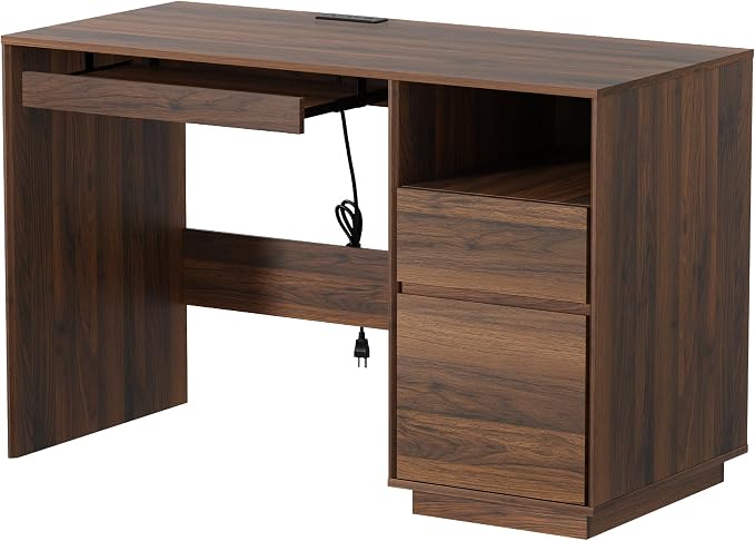 47" Executive Desk with File Drawer, Farmhouse Computer Desk with Charging Station and Open Storage Compartment Wooden Home Office Desk for Writing Study Working, Brown