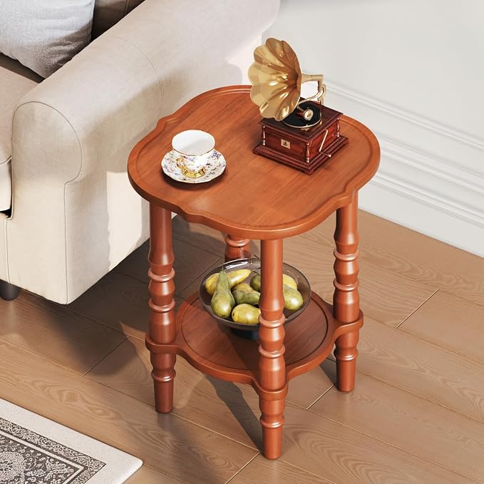 Solid Wood End Table Living Room - 21.7" H Small Narrow Square Wooden End Table for Small Spaces, Dark Real Brown Solid Wood Vintage Antique Side Bedside Table Nightstand with 2-Tier Storage