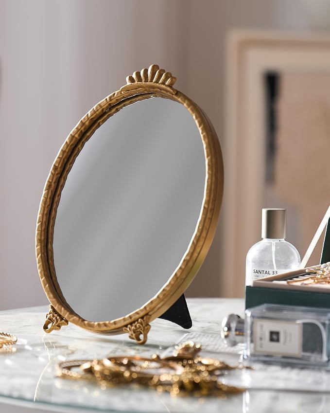 Gold Vintage Decor Vanity Mirror,Baroque Wall Art Retro Oval Mirror,Antique Wall Mirrors Decorative,Maximalist Decor Mirror for Desk Bedroom Bathroom Dresser Wall-Mounted,11.0" L x 7.9" W Gold