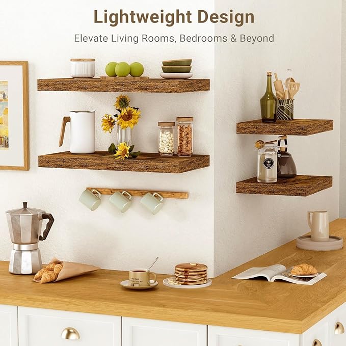 Vivelove 10 Inch Deep Floating Shelves 24 inch Long, 24 x 10 Wide Wall Shelves with Invisible Brackets, for Bedroom Bathroom Living Room Kitchen Office, Farmhouse Home Decor, Set of 2, Rustic Brown