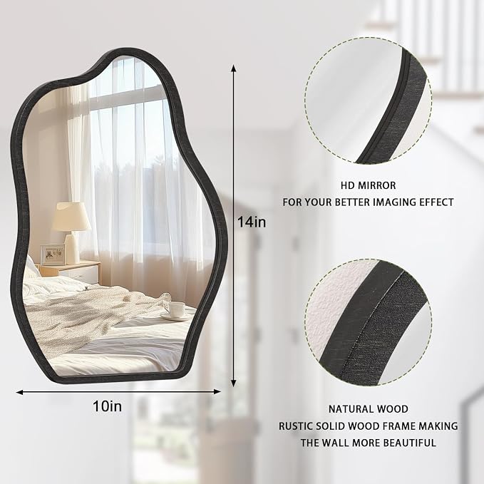 Modern Asymmetrical Mirror Unique Irregular Wooden Framed Mirror for Wall Hanging Mirrors Artistic Cloud Shape Wall Mirror Decor Bathroom Bedroom Living Room Entryway Hallway Small