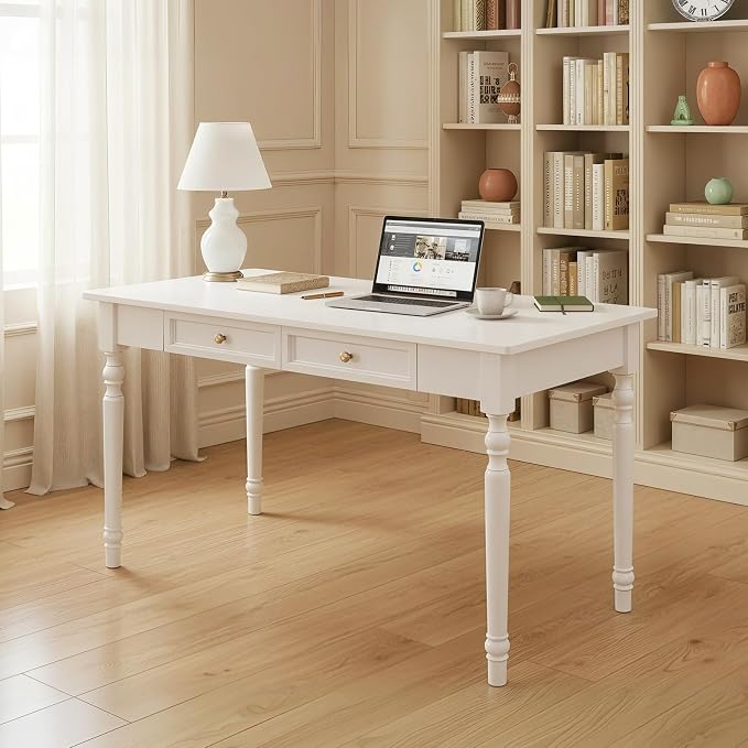 French Country Desk, 47" White Writing Desk with Drawers, Large Computer Desk for Home Office, Easy Assembly