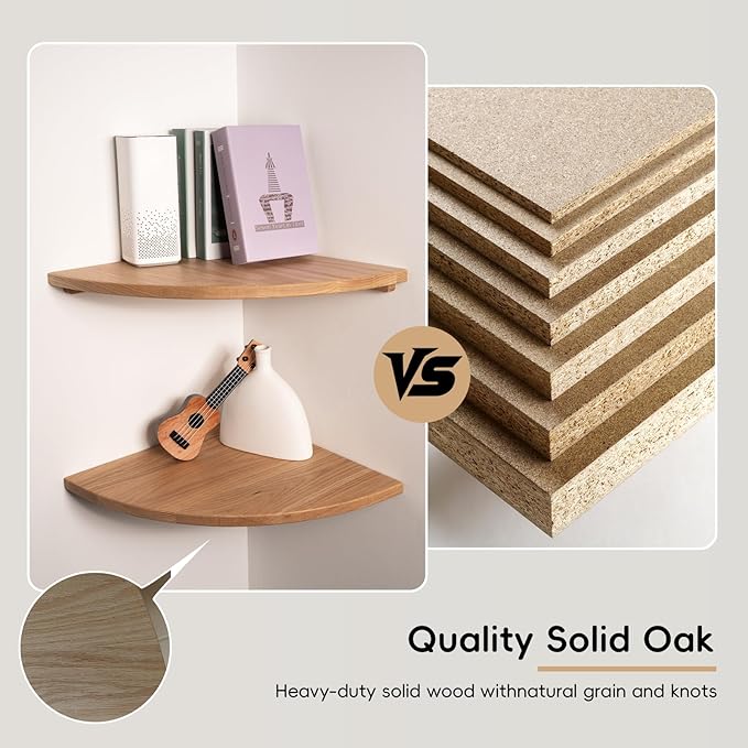 Floating Corner Shelves Oak 10", Solid Oak Wall Mounted Wooden Display Storage Rack with Wire Hole for Plants, Photos, Speakers, Bedroom, Kitchen, Living Room Décor - 2-Pack
