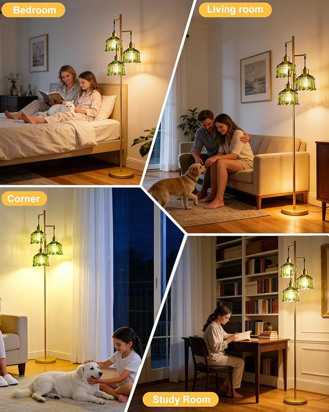 3-Light Modern Glass Floor Lamp, Gold Standing Tall Lamp with Green Vertical Rib Glass Shade for Reading, Dimmable LED Floor Lamp with 5Lbs Heavy Base for Living Room Bedroom Home Decor, Bulb Included