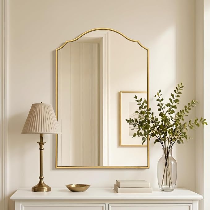 Besdomus Scalloped Gold Mirror for Bathroom: 24"x36" Minimalist Modern Arched Mirror - Wooden Frame Wall for Vanity/Bedroom/Mantle/Entryway/Fireplace/Hallway - Idea for Housewife