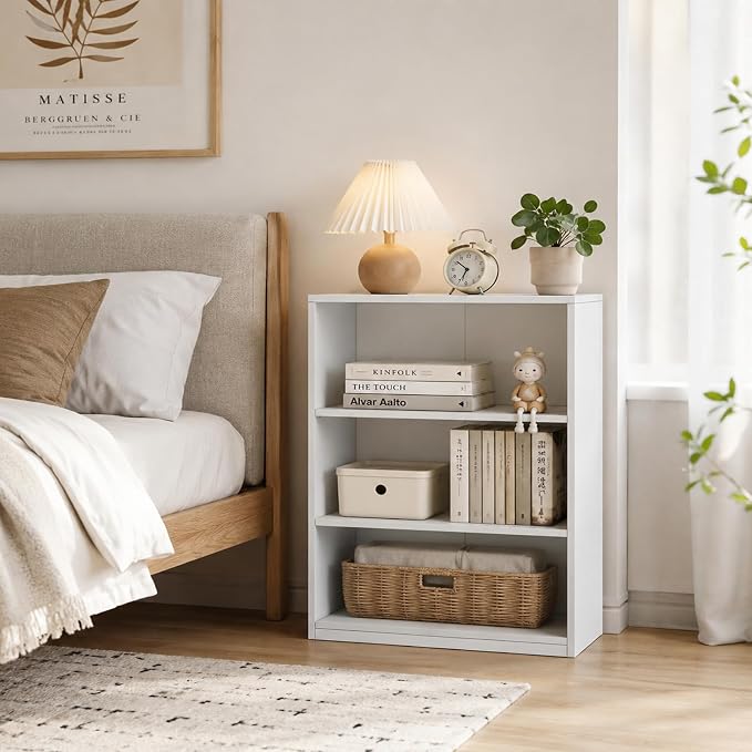Wooden 3-Tier Bookshelf, Adjustable Open Storage Shelf Unit, 31.5" Tall Bookcase(White)