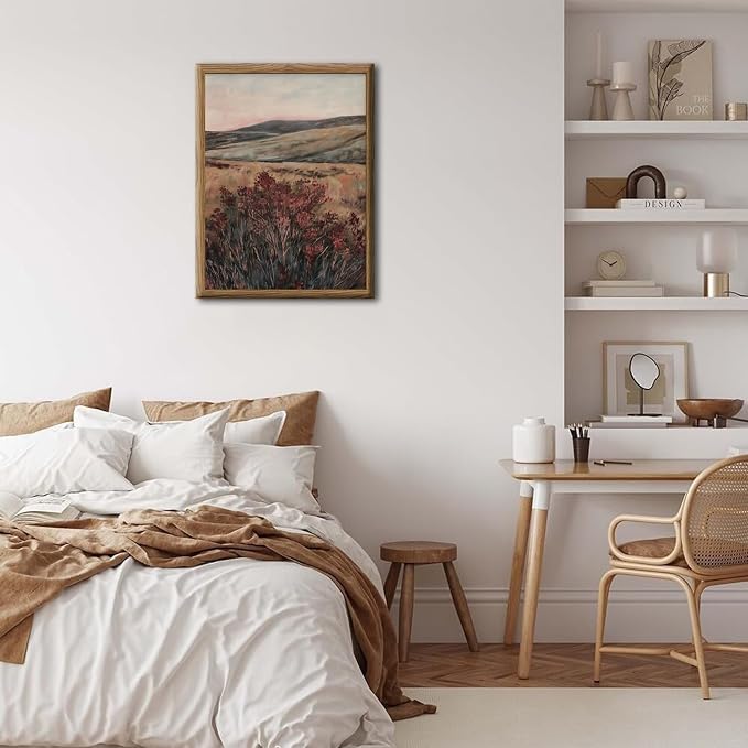Moody Landscape Wall Art Vintage Wildflower Wall Decor Painting Cottagecore Nature Botanical Flower Picture Artwork 3D Textured Hand Drawn Sandstone for Living Room Bedroom 12x16 inch Wood Framed