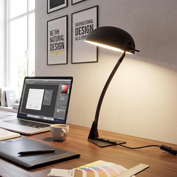 18.4" Metal Desk Lamp Modern Industrial Table Lamp, Adjustable Neck Architect Lights (3000K) with On/Off Switch, Bedside Reading Lamps for Office Bedroom Study Room Side Table (Sand Black)