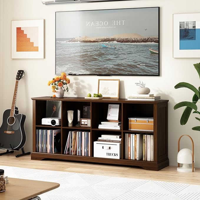 8 Cube Storage Organizer - 62" Long Farmhouse Wood Low Bookshelf, Horizontal Open Shelf Bookcase Cubby Storage Console Cabinet for Living Room, Entryway, Office, Walnut