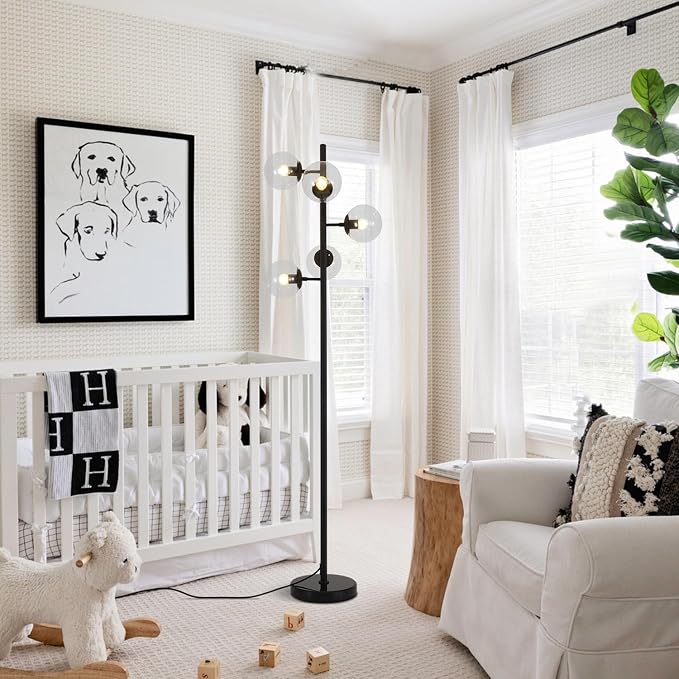 KCO Lighting 5 Light Globe Floor Lamp Black Tall Floor Lamp Mid Century Modern Floor Light Contemporary Standing Lamps for Living Room Bedrooms Office
